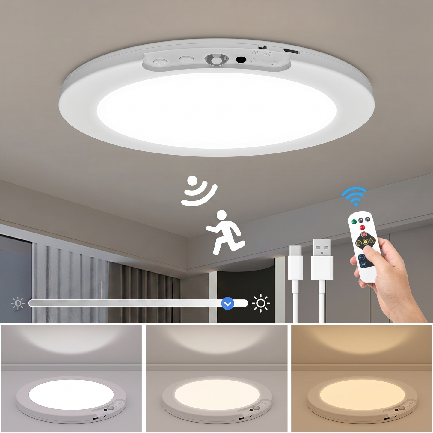 Meridiana Rechargeable Ceiling Light - Indoor Wireless Motion Sensor LED Light - 8000mAh Battery Operated with Dimmable 3 Colour Temperatures and Magnetic Mounting
