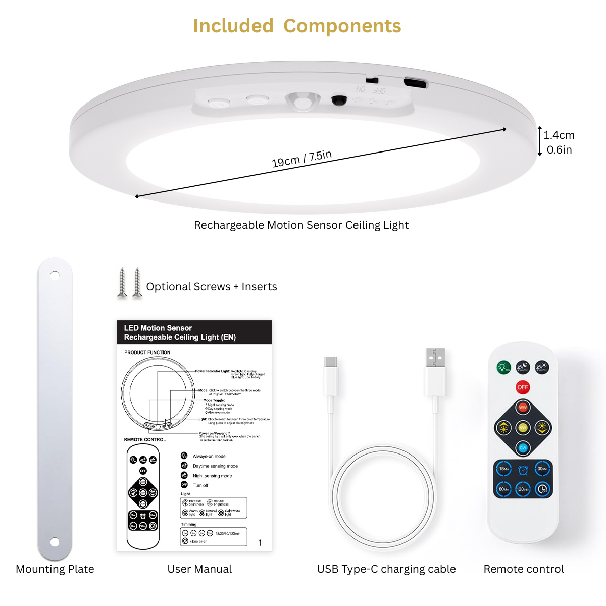 Meridiana Rechargeable Ceiling Light - Indoor Wireless Motion Sensor LED Light - 8000mAh Battery Operated with Dimmable 3 Colour Temperatures and Magnetic Mounting