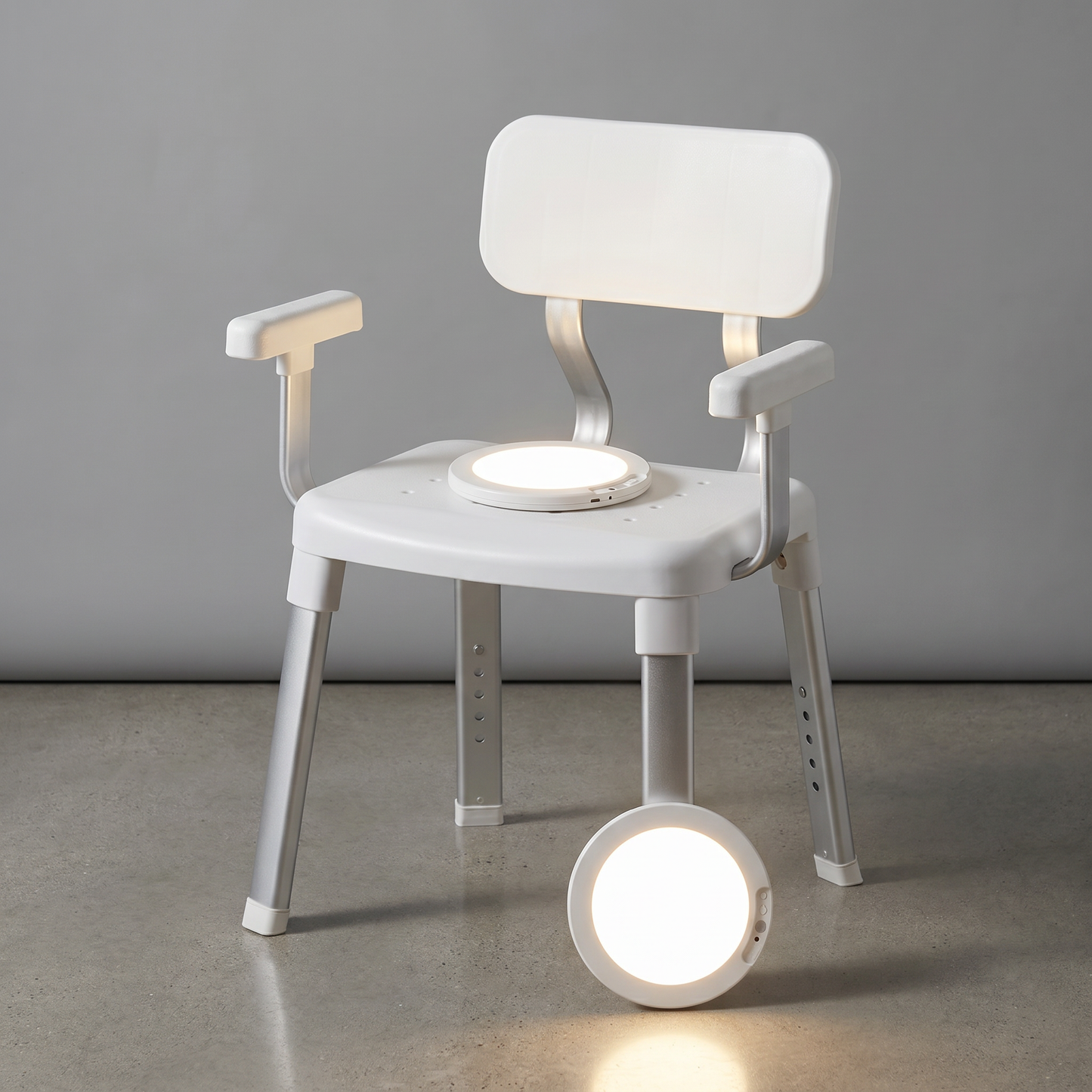 Meridiana Bathroom Comfort Bundle – Adjustable Shower Chair & 2 Rechargeable Motion Sensor Ceiling Lights