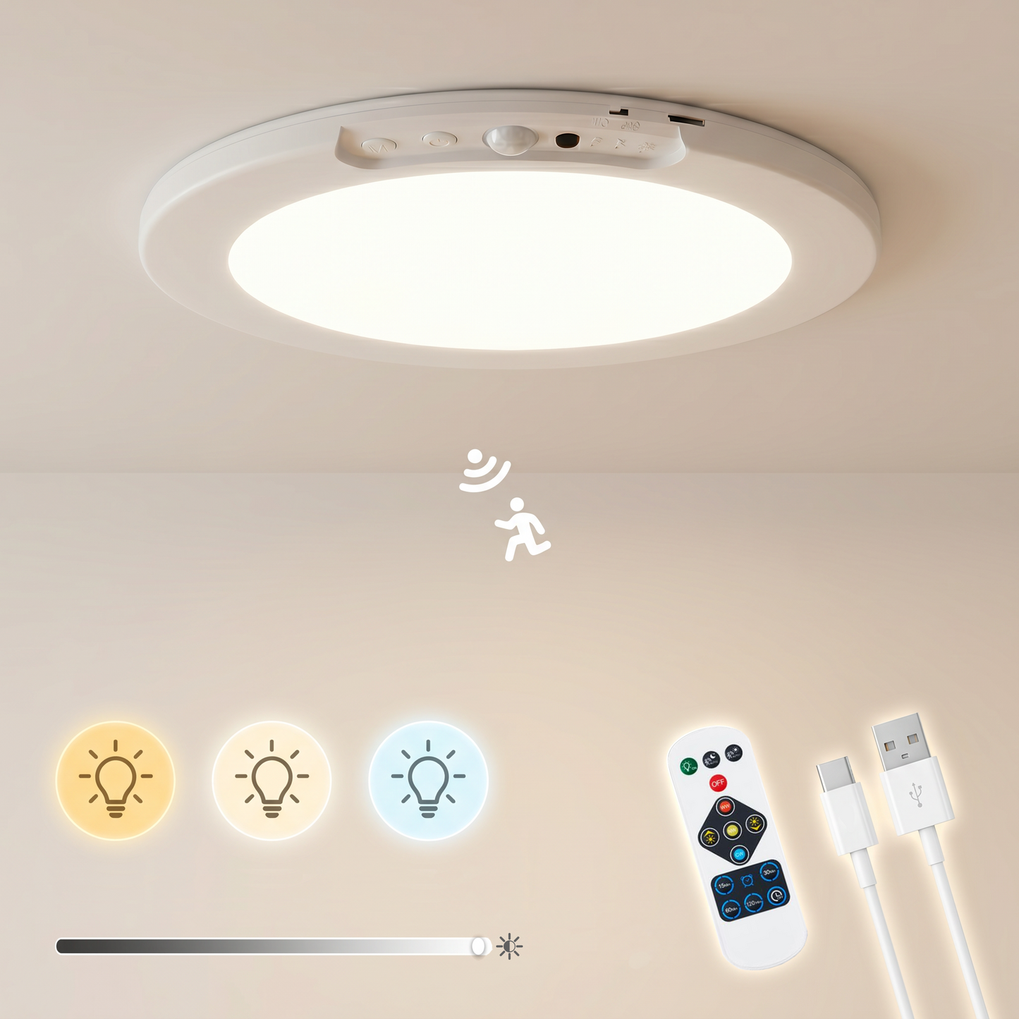 Meridiana Rechargeable Ceiling Light - Indoor Wireless Motion Sensor LED Light - 8000mAh Battery Operated with Dimmable 3 Colour Temperatures and Magnetic Mounting