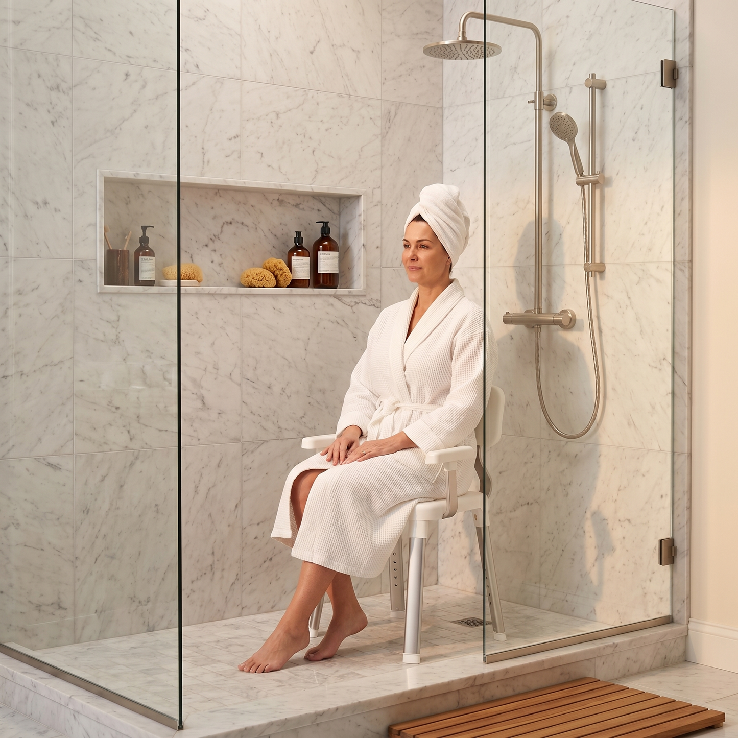Meridiana Adjustable Shower Chair – Stylish Height Adjustable 150kg Heavy Duty Bathroom Seat with Handles for Adults, Elderly & Seniors