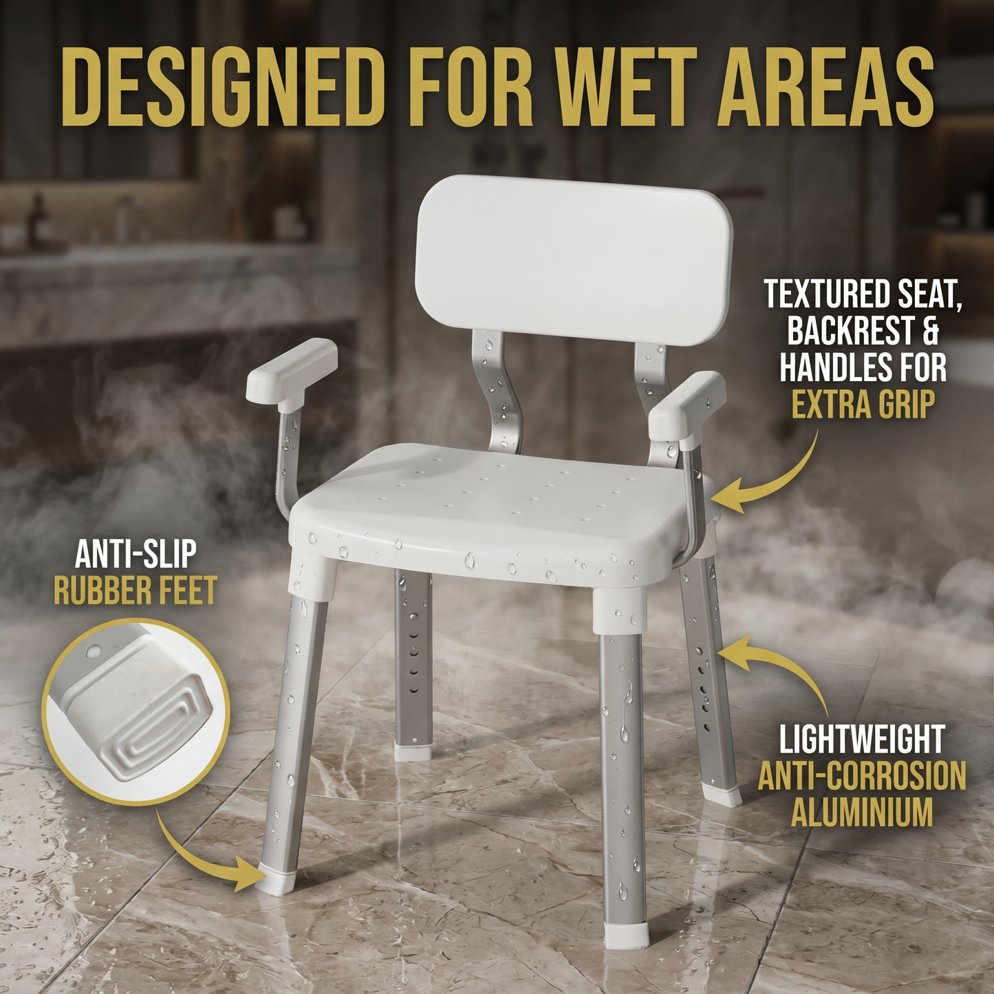 Meridiana Adjustable Shower Chair – Stylish Height Adjustable 150kg Heavy Duty Bathroom Seat with Handles for Adults, Elderly & Seniors