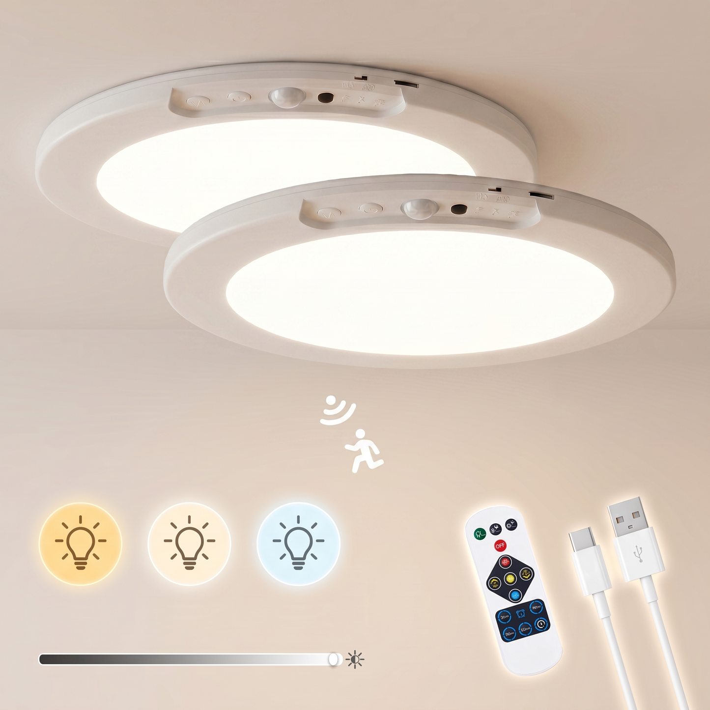 2 Pack of Meridiana Rechargeable Motion Sensor Ceiling Lights - 8000mAh Battery, Dimmable LED with 3 Colour Temperatures and Magnetic Mounting