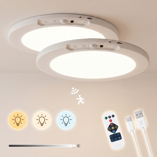 2 Pack of Meridiana Rechargeable Motion Sensor Ceiling Lights - 8000mAh Battery, Dimmable LED with 3 Colour Temperatures and Magnetic Mounting